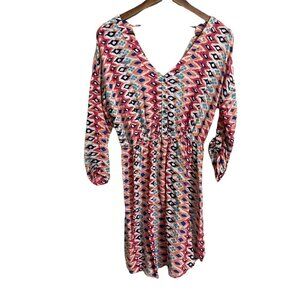 Red Camel Womens Pink Geometric Aztec Vneck Roll Tab Sheath Dress Medium